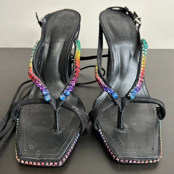 Schutz Vikki Crystal Sandal Nobuck Leather Straps black w rainbow jewels Size 8 - Picture 5 of 13